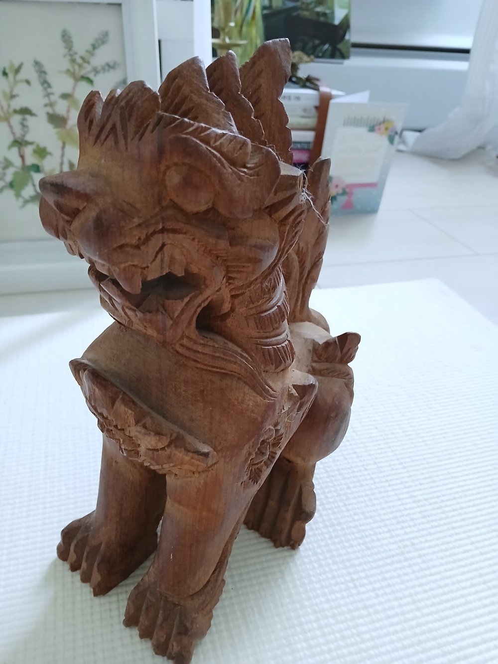 Vintage Wooden Foo Dog Sculpture, hand carved, 11x5, large, heavy, mint, rare